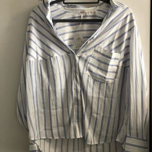 Blue and White Striped Satin-Like Button-Down